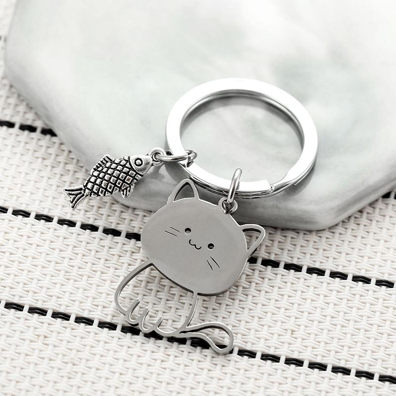 Funny Cartoon Cat Fish Keychain Couple Lovers Stainless Steel Keyring Lovely Pendant Key Chain Valentine'S Day Gift Jewelry
