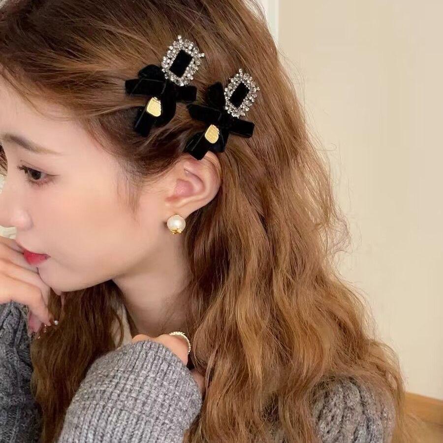 2 шт. Милые заколки для волос с бантиками и стразами для девочек, кавайные, милые головные уборы, бархатные заколки-бантики типа «утиный клюв», детские боковые заколки, заколка для челки