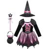 Kids Girls Witch Costume For Halloween Fancy Dress Up Dress With Pointed Hat Wand Candy Bag Set