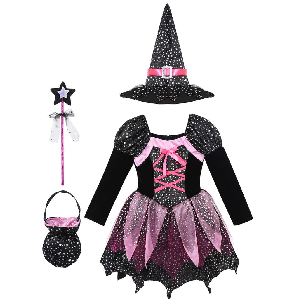 Kids Girls Witch Costume For Halloween Fancy Dress Up Dress With Pointed Hat Wand Candy Bag Set