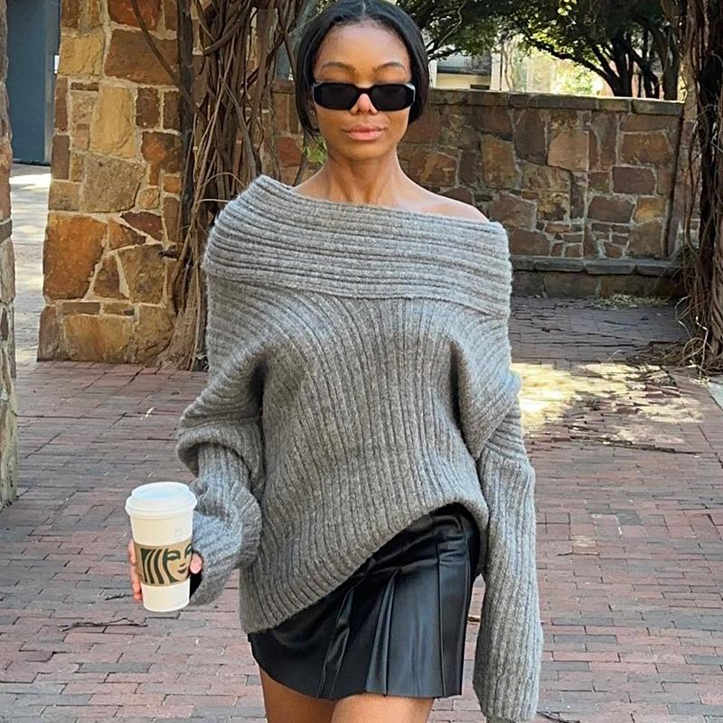 Свитер с открытыми плечами для женщин, осень-зима, свободный, с длинным рукавом, вязаный, женский, уличный, повседневный, большой, топ, пэчворк, свитера для поездок на работу, женские