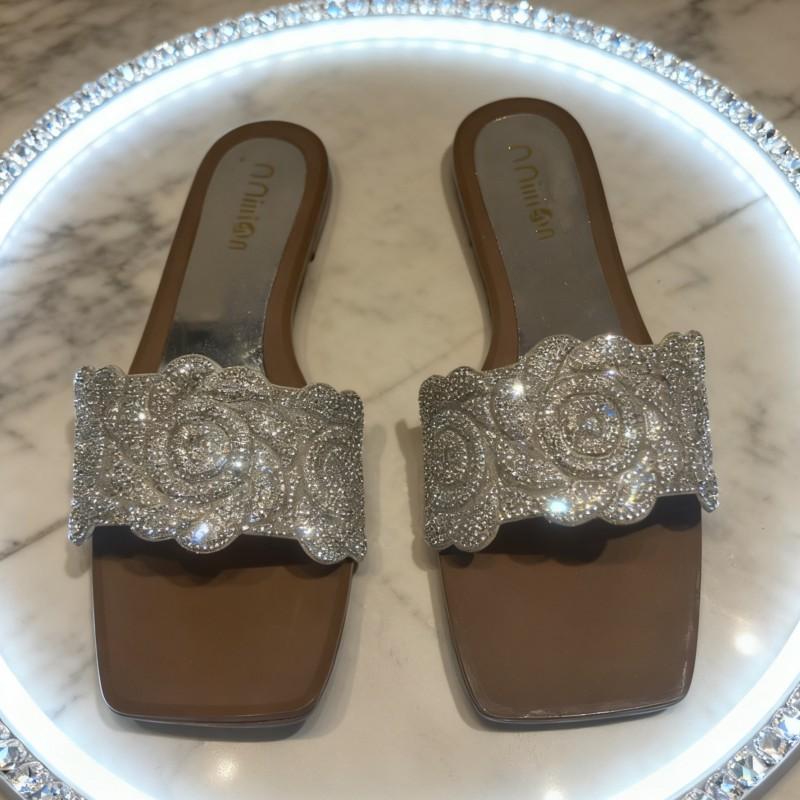 Womens Flat Slide Sandals With Rhinestone Embellishment Floral Design Comfortable PVC Sole Daily Wear