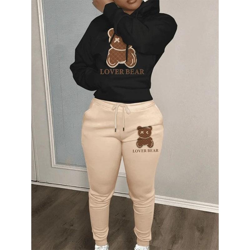 Lw Lovely Bear Letter Print Kangaroo Pocket Tracksuit Set Long Sleeve Hoodie+drawstring Trousers Women Two Pieces Matching Suits