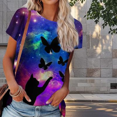 Женская летняя футболка с принтом котенка в стиле ретро, футболки с коротким рукавом, повседневные топы с принтом