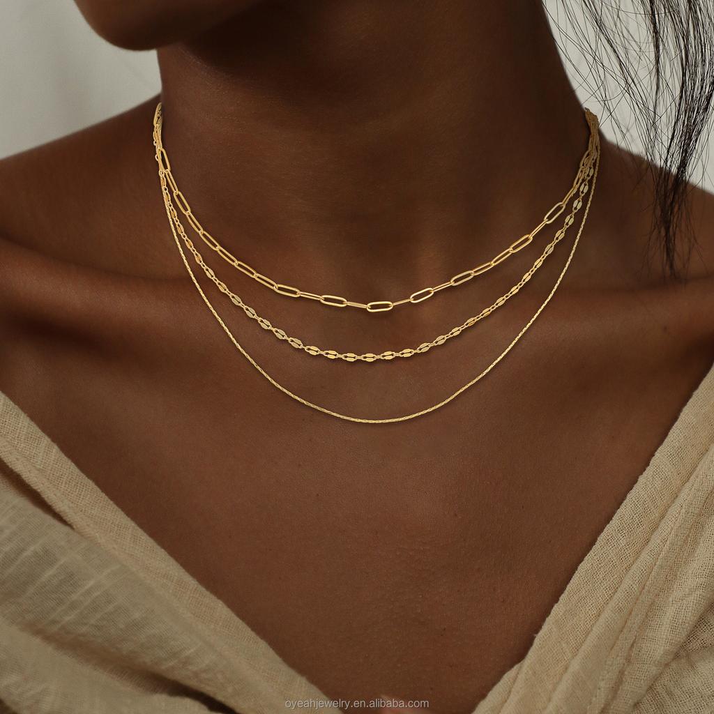 OUYIN JEWELRY 3 Layer Paperclip Lip Gold Wire Chain Zircon Pendant Necklace Gold Plated Dainty Minimalist Trendy Fashion Jewelry