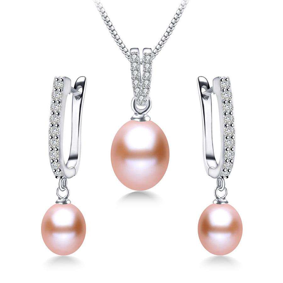 YWYC Horseshoe 8-9mm Rice Freshwater Pearl Earrings&Necklaces Jewelry Set for Women 925 Silver 45cm Pendant Necklace