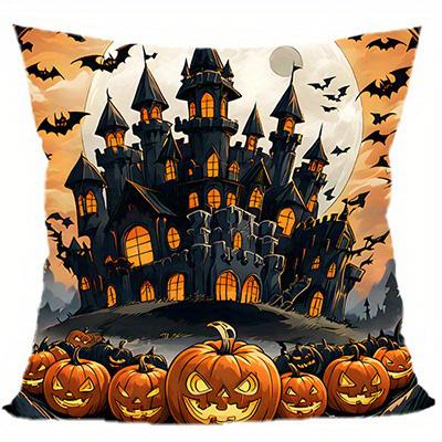 Short Plush Material Pillowcasehome Decor Halloween Castle & Pumpkins Throw Pillow Cover Pattern Cushion Cover Suitable For Sofa