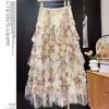Layered Tulle Mermaid Skirt Floral Print French Lace Hem Long Puffy Skirt for Women