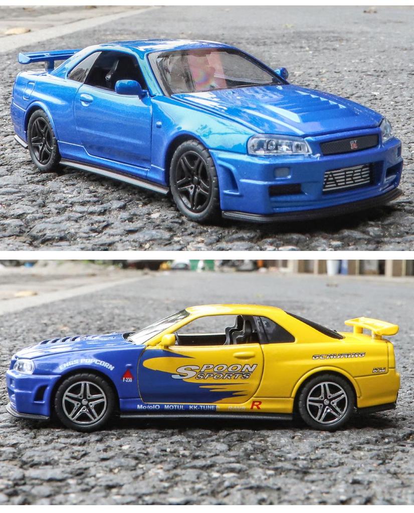 1:32 GTR R34 Low-Rider Sports Car Model with Opening Doors, Four-Wheel Suspension, Alloy Build, Sound and Light, Pull-Back Simulation