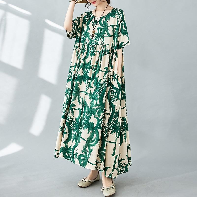 Новые платья из хлопка с короткими рукавами больших размеров и цветочным принтом для женщин, повседневные свободные длинные летние платья