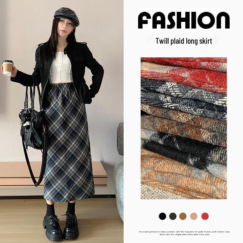 Женская шерстяная клетчатая юбка с высокой талией - узкий А-силуэт средней длины, утолщенная для осени/зимы 2024 г.