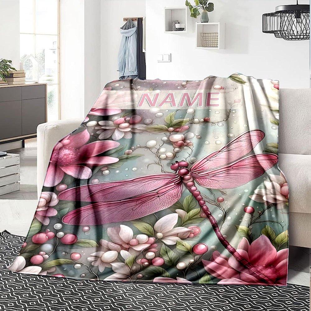 Pink Dragonfly Amidst Floral Blossoms And Pearls Lightweight Customizable Blanket Customize Your Name Ultrasoft Great For Sofa Couch Office Bed