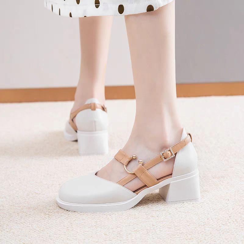 Thick with Summer Leather Shoes Female Sweet Temperament High with Round Head Sandals Female