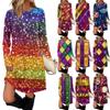 Женское модное повседневное платье с карманами, декоративными пуговицами, карнавальными принтами, круглым вырезом и длинными рукавами