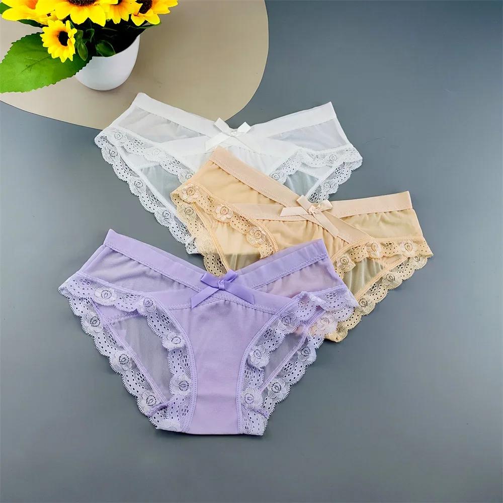 3 шт. Женское сетчатое нижнее белье с низкой посадкой, кружевными оборками, милые женские перспективные сексуальные трусы, удобные трусики