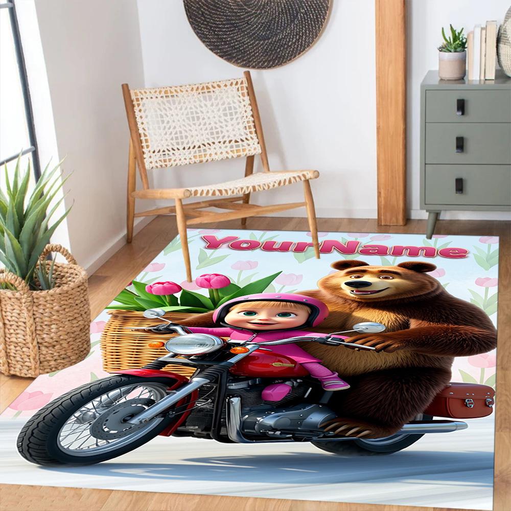 Masha Bear Customizable Name Floor Rug Office Rug Suitable for Outdoor Bedrooms Living Rooms Foyer Anti-slip Rug Decorate Offices Best for Christmas
