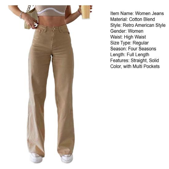 Women Jeans with Pockets High Waist Button Zipper Closure Straight Pants Solid Color Vintage American Style Denim Trousers for Daily Wear Scool