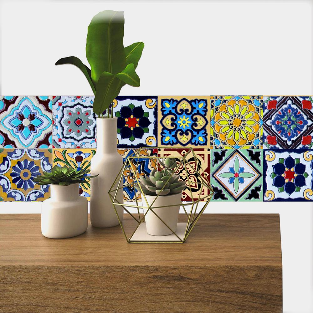 16pcs Retro Moroccan Tiles Wall Sticker Kitchen Backsplash Cupboard Bathroom Decoration Waterproof Self-adhesive Art Wall Decals