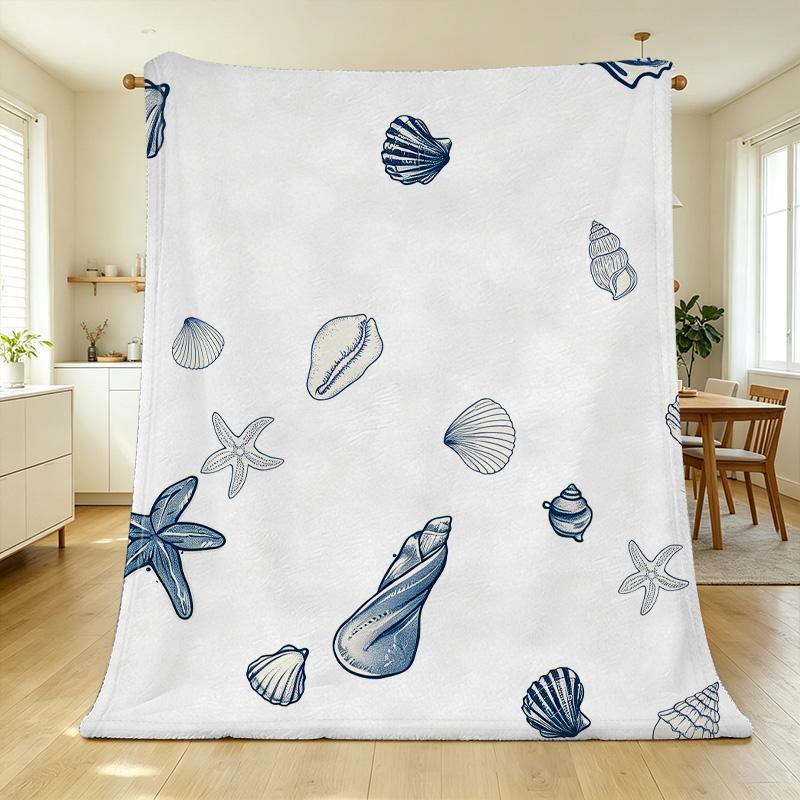 Multifunctional Non-Shedding Flannel Blanket, Ocean Shell & Starfish Pattern, Soft Warm Throw for Sofa, Bed, Cozy Home Use, Christmas & Halloween