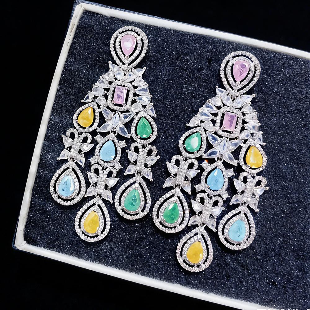 Luxury Multicolor Zircon Teardrop Necklace and Earrings Set for Women Elegant Crystal Jewelry for Wedding Party Evening Gown