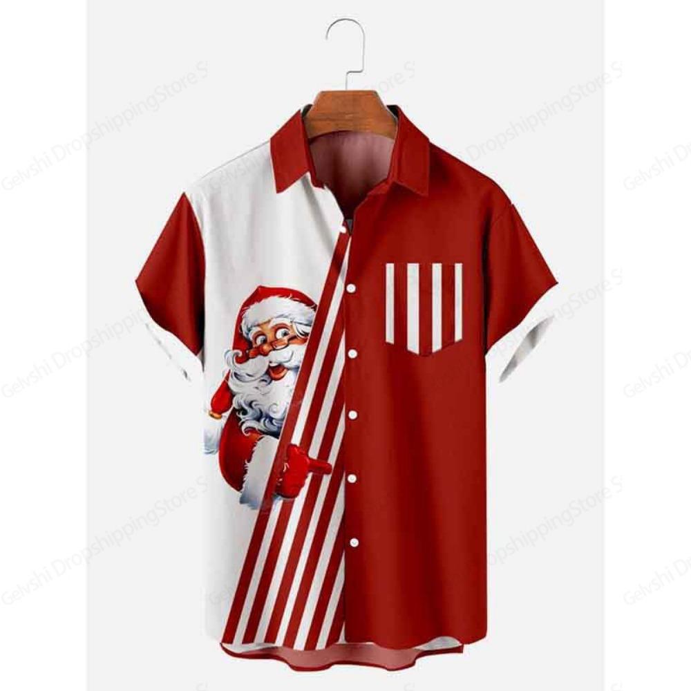 Santa Claus Hawaiian Shirt Pocket Christmas Elegant Print Shirt Men Women Fashion Short Sleeve Hawaiian Shirt Beach Blouse Elk