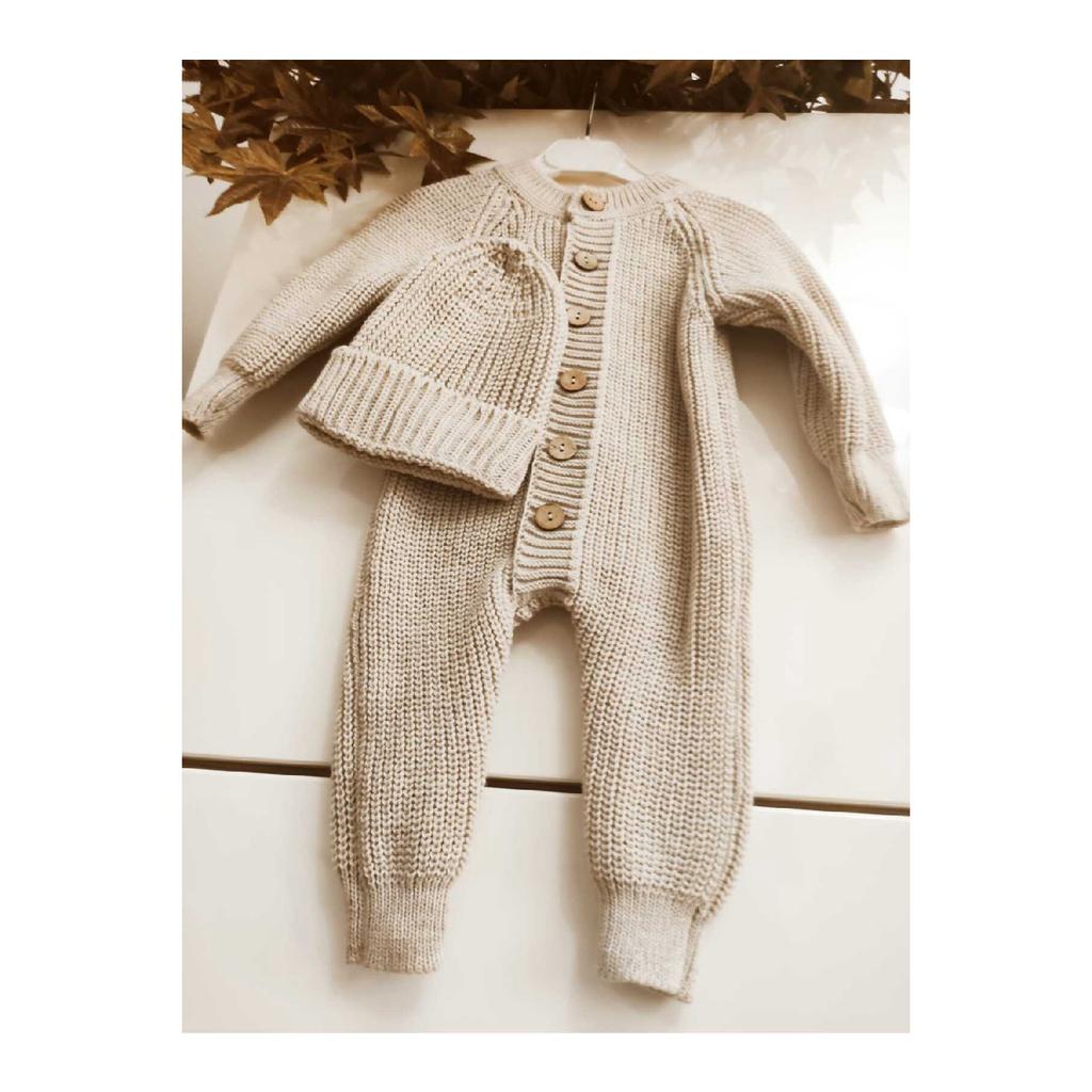 Buttoned Beige Thessaloniki Knitted Knitted Baby Jumpsuit With Hat