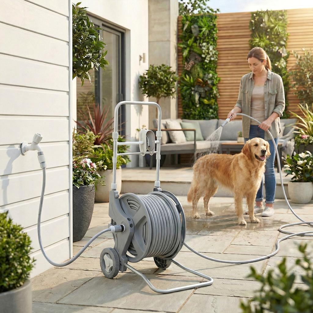 Hose Cart 45 m Hose Reel with 2 Spray Patterns, Tap Adapter Crank 2 Wheels 45 x 44 x 78 cm Gray