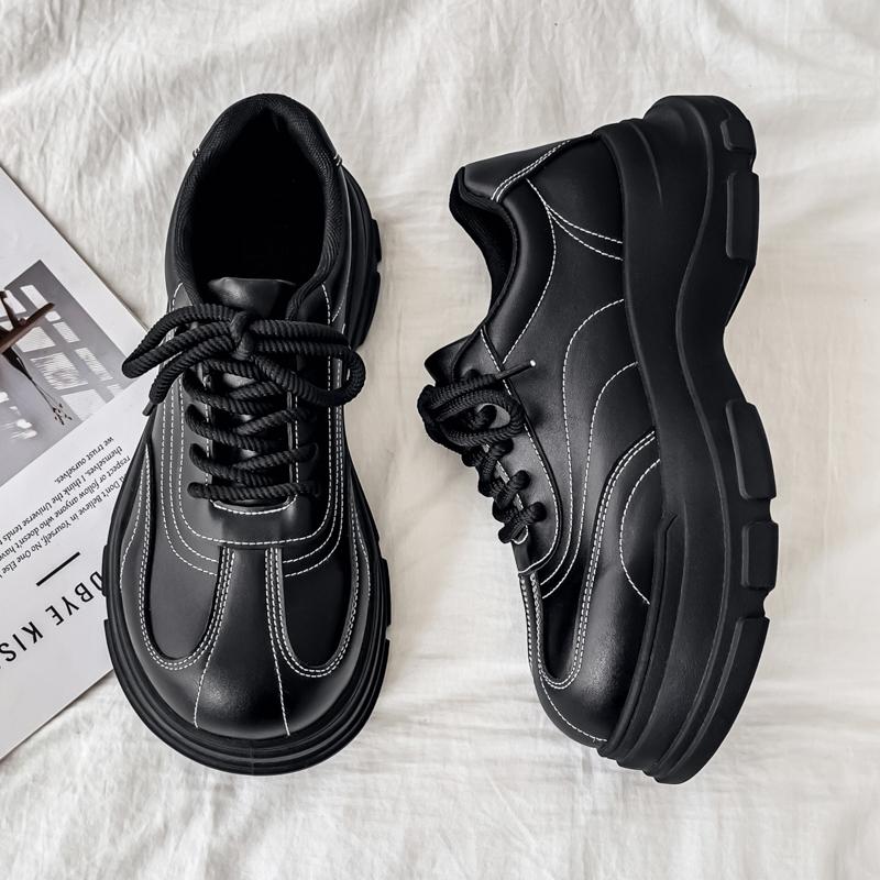 New Men's Casual Leather Shoes Thick-soled Retro Round-toe Derby Shoe Outdoor Sports Black Small Leather Shoes Men Casual Shoe