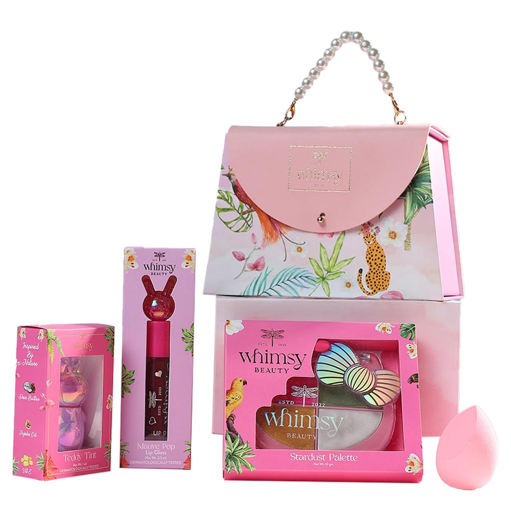Whimsy Beauty Набор румян и сияния | Безопасный набор красоты для девочек и подростков | Палетка теней для век, тинт для губ и блеск для губ | Набор из 4 шт.