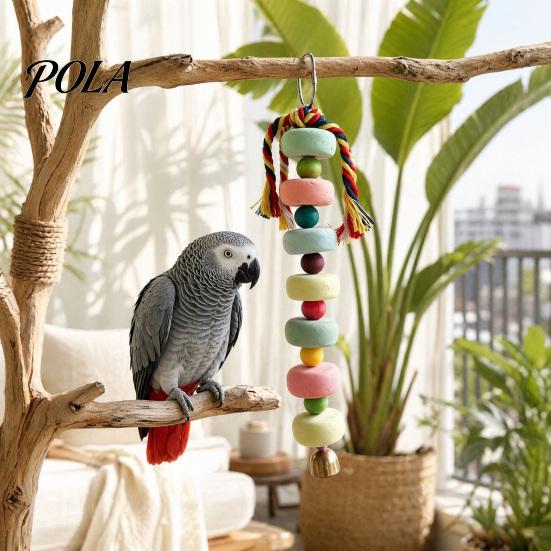 Parrot Beak Grinding Stone Stone, Colorful Beaded Chew Toy with Bell, Birdcage Care Hanging for African Grey Cockatiels Budgies Anxiety And