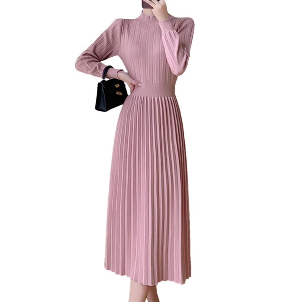 Knit Puff Midi Long Pink Limited Stock J-Scott Women's Dress, Pleated, Sleeves, Length, A-Line, Sleeves, (JS119-PK-M) -