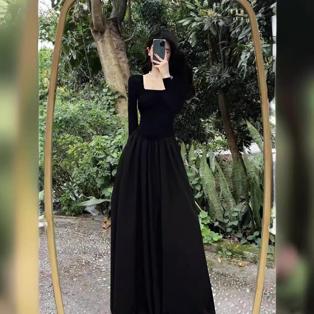 2023 Spring Women's Black French Tea Dress, Hepburn Style, Slim Fit, Square Collar Long Dress