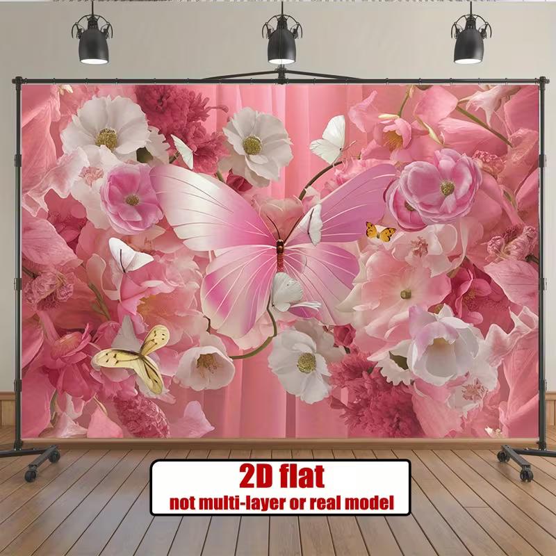 2D Romantic Pink Flower Wall with Large Butterfly Backdrop