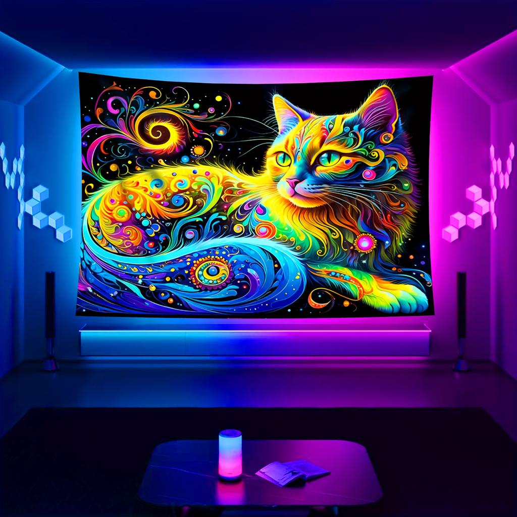 Psychedelic Cat Fluorescent Tapestry Outer Space UV BlackLight Tapestry, Wall Hanging For Living Room Bedroom Office Home Decor