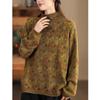 Women Vintage Pullover Print Floral Sweaters Mock Neck Long Sleeve Cloths Autumn Knitted Cotton Sweaters