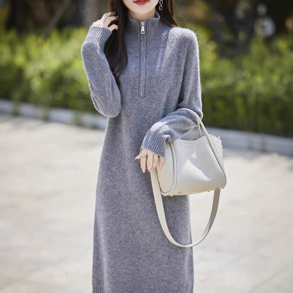 Gray Half-zipper Turtleneck Simple Knitted Primer Dress Autumn and Winter New Long Knee Sweater Skirt Women