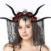 Dark Series Skull Antelope Horn Hairband With Skull Flower Design For Halloween Costume Party Dressingup Accessories