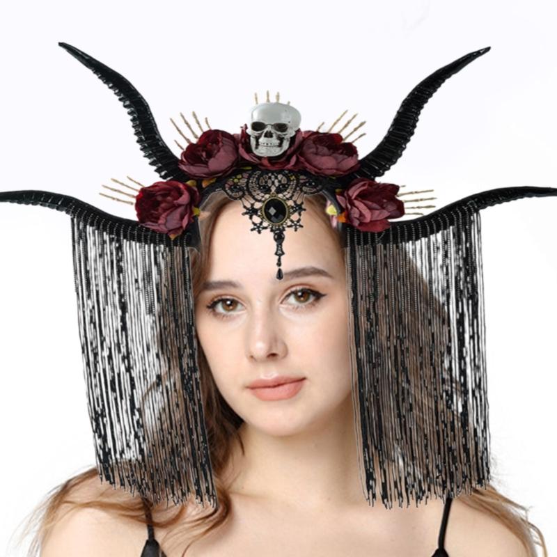 Dark Series Skull Antelope Horn Hairband With Skull Flower Design For Halloween Costume Party Dressingup Accessories