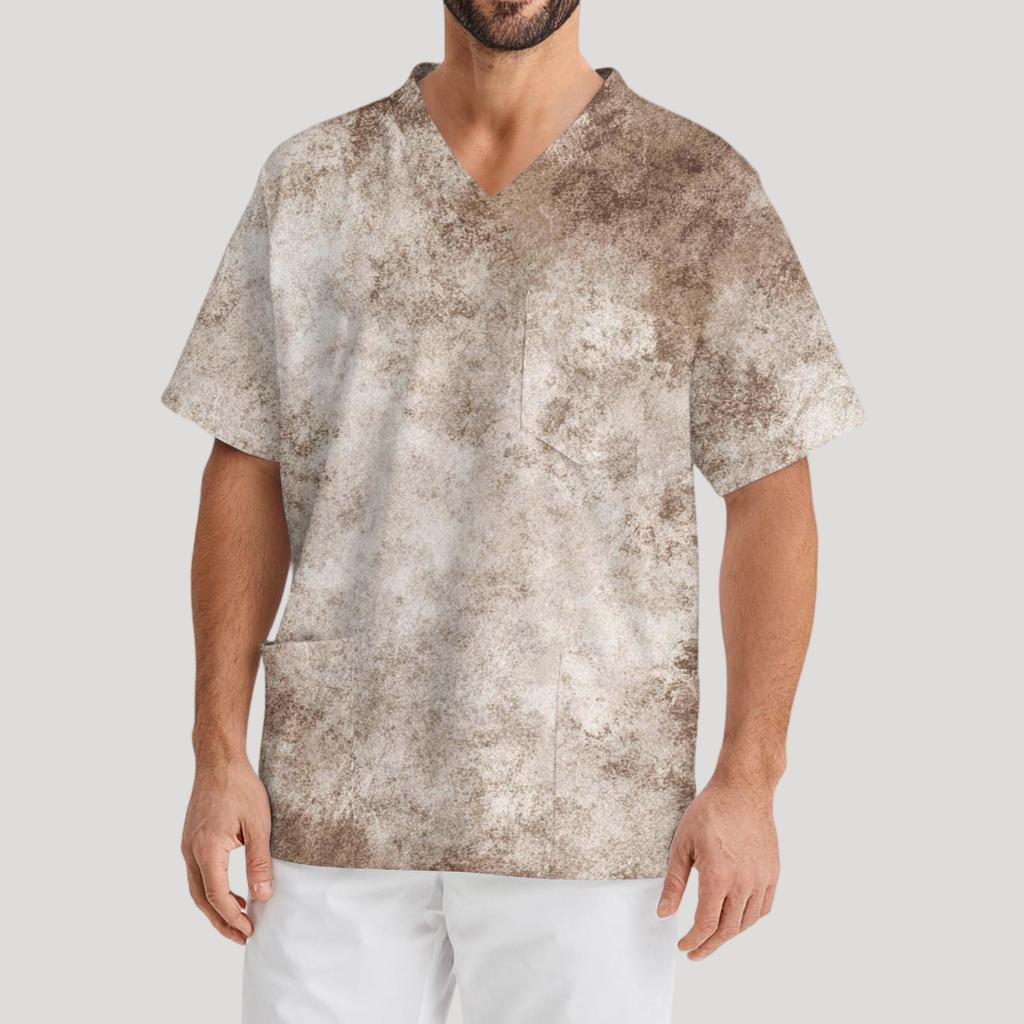 Мужская рабочая блузка с короткими рукавами и v-образным вырезом с принтом, топ с нагрудным карманом