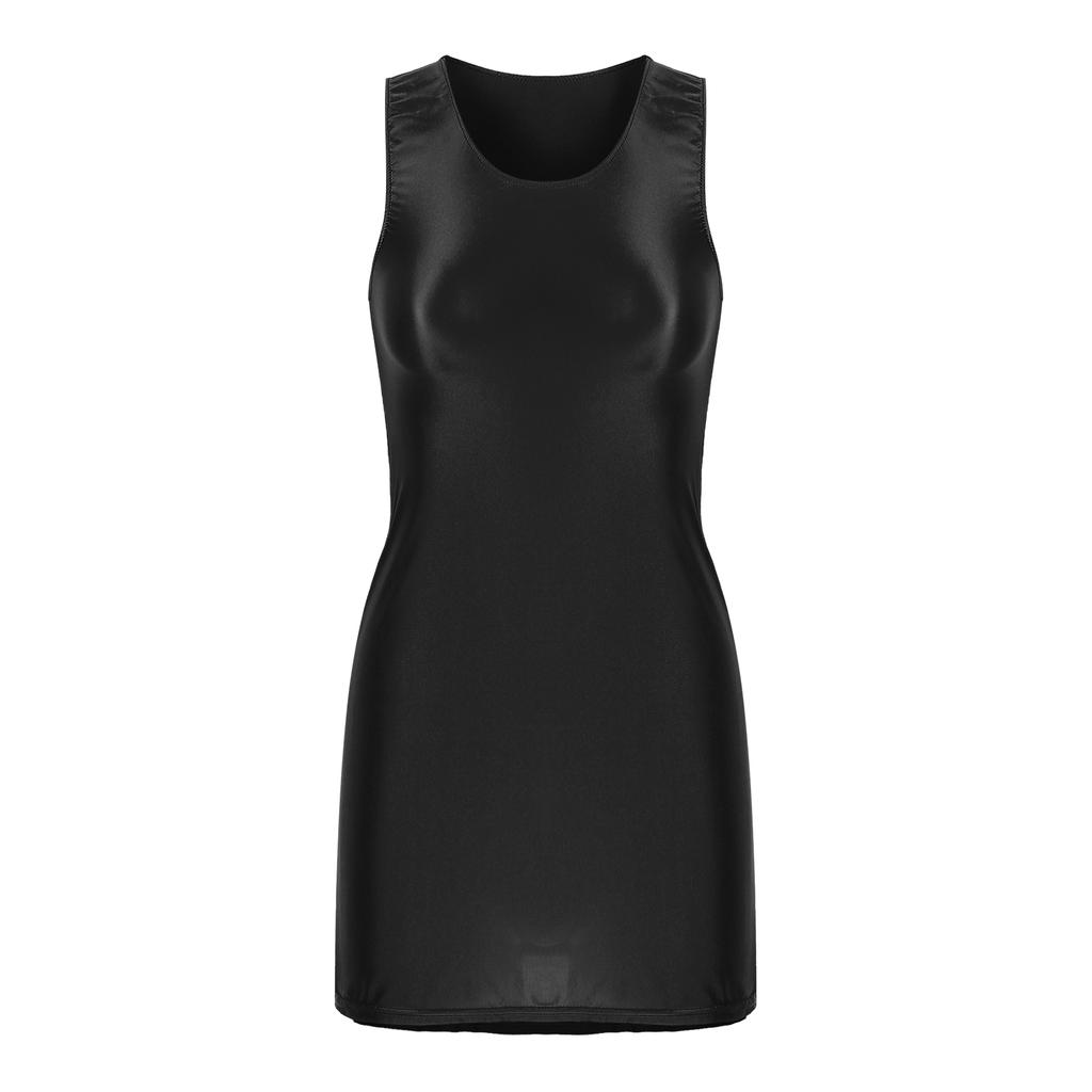 Женское эластичное облегающее платье с глянцевой отделкой и U-образным вырезом для повседневного или вечернего ношения