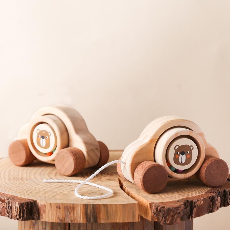 Деревянная игрушка-тележка для малышей, игра Монтессори для развития мелкой моторики пальцев, тележка из сосны с мультяшным мишкой, не содержит БФА, украшение детской комнаты, подарок для ребенка