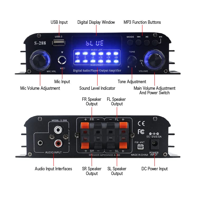 Multifunctional 4ch Audio Amplifier 4 X 40W General Purpose Small Amplifier Microphone Input Compatible Karaoke Compatible MP3 Player Included