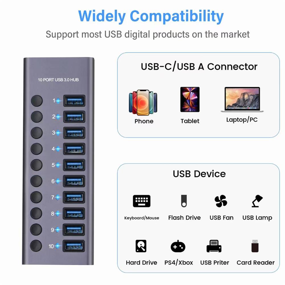 USB 3.0 концентратор розетка коммутатор 10 портов концентратор Multi-tap Multi-ports док-станция зарядное устройство несколько источников питания тип C