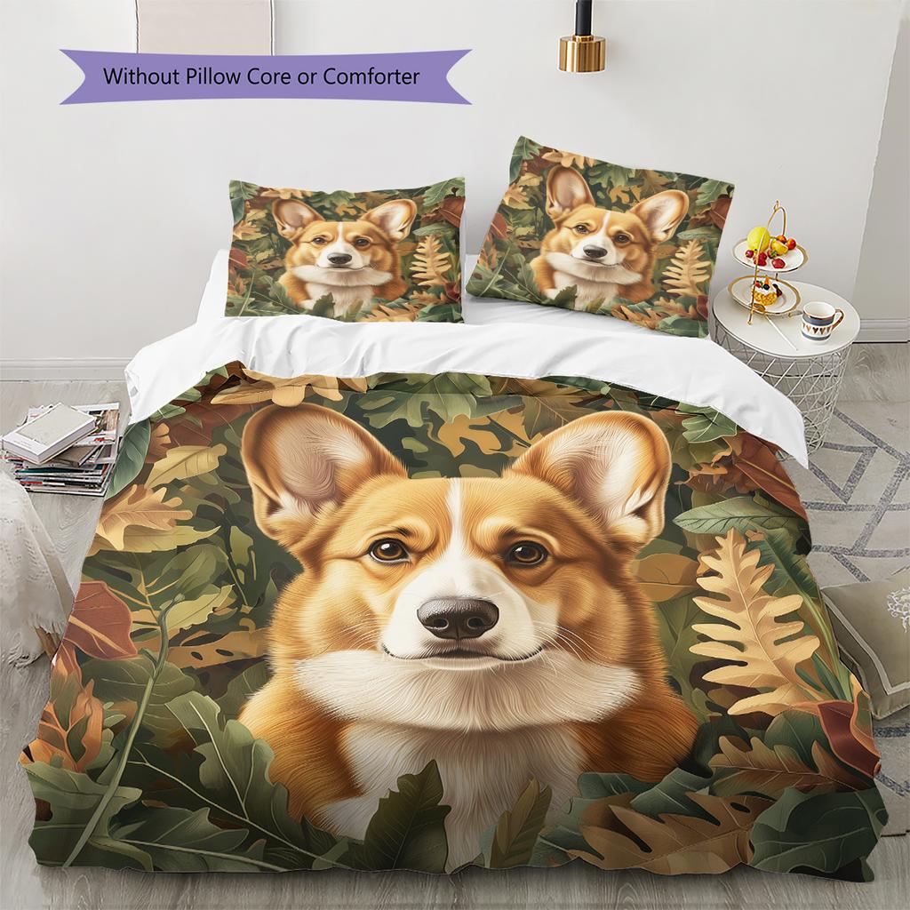 Corgi and plants Pattern Bedding Home Decoration Birthday Gift (1 * duvet cover + 2 * pillowcase, without core)