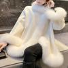 Winter Warm Poncho Cappa Women Imitation Fox Fur Batwing Sleeves Faux Cashmere Loose Cloak Coat