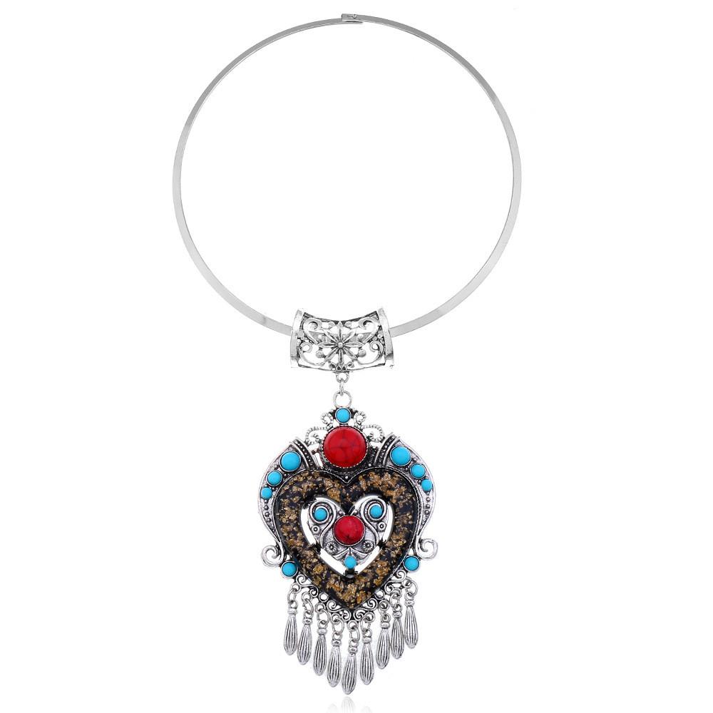 Geometric Style Ethnic Necklace Alloy Metal Heart Glass Pendant For Gift Travel