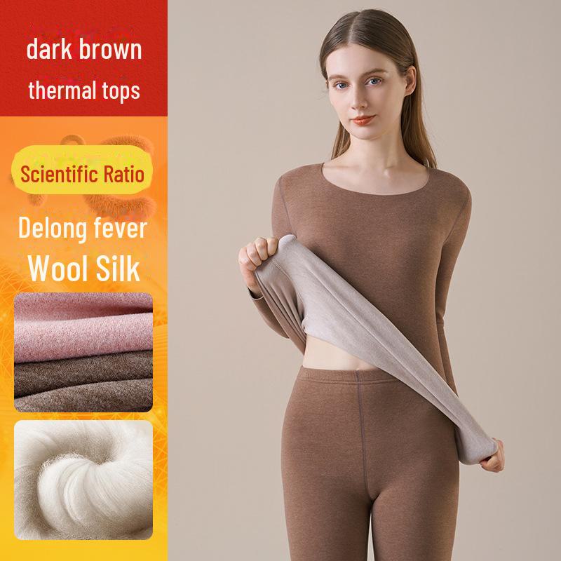Женское термобелье из кашемира: Плюс бархатный, плотный бесшовный топ с круглым вырезом на осень/зиму.
