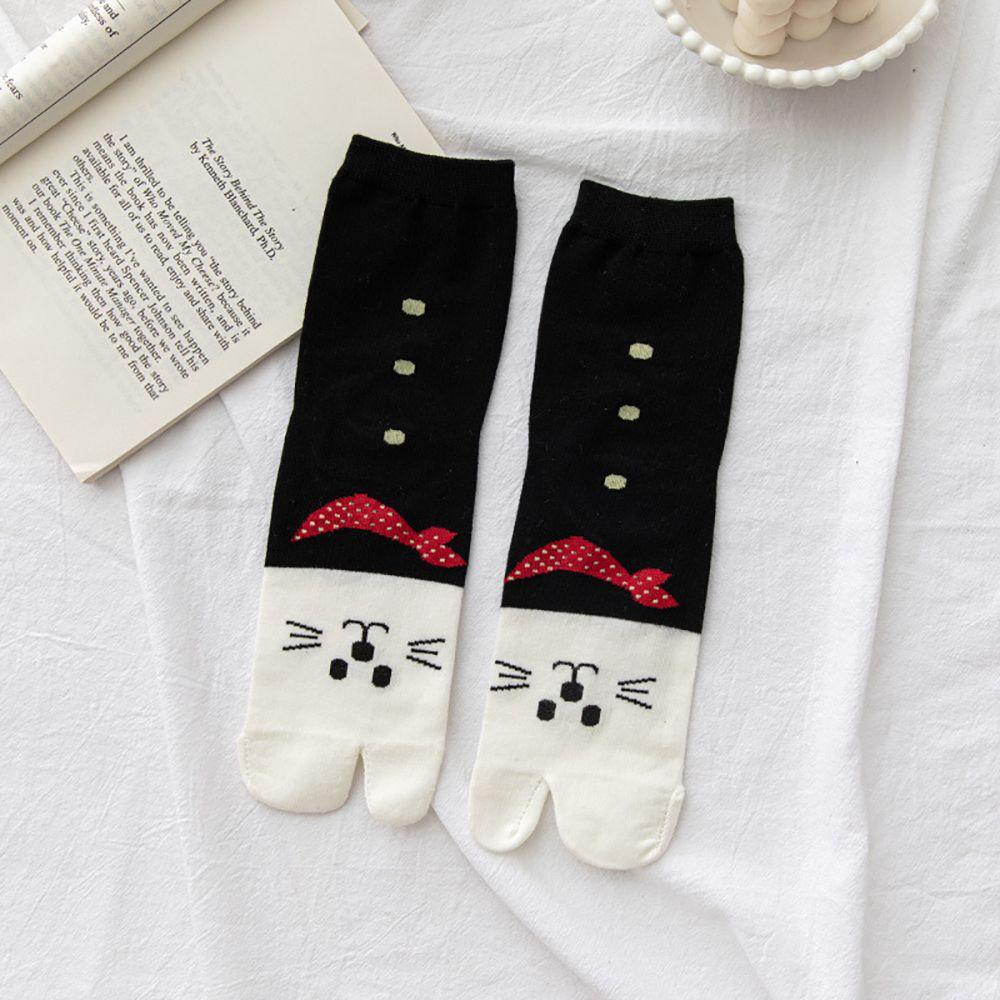 Harajuku Students Cartoon Cotton Split Toe Female Middle Tube Socks Cat Socks Hosiery Two Toe Socks