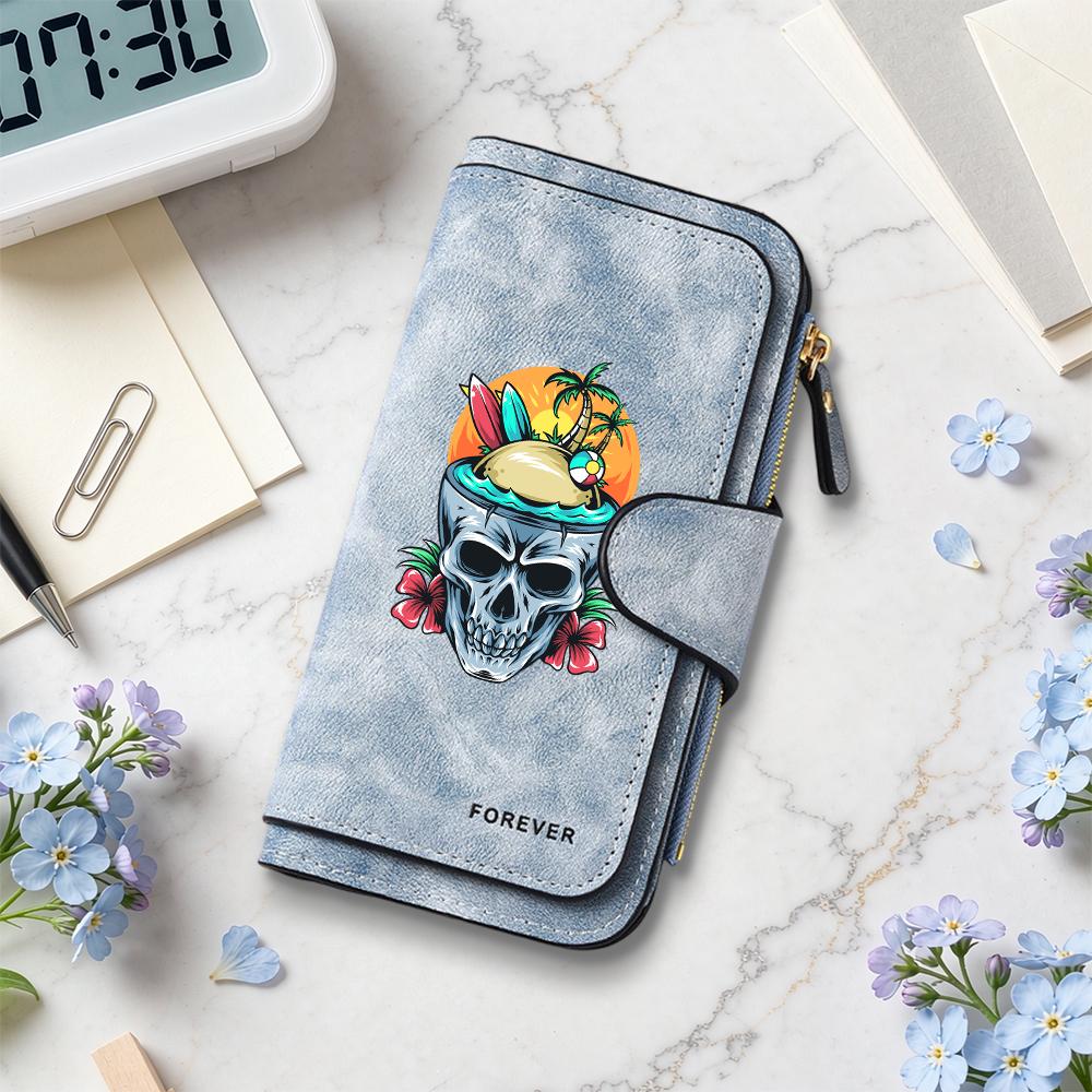 Skull Tropical Print Long Wallet Forever Fashion Multi Card Holders Purse for Daily Use