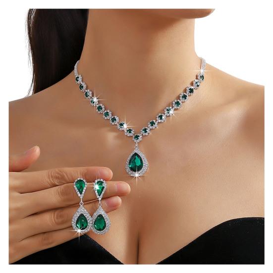 2Pcs/Set Women Wedding Jewelry Set Waterdrop Shape Shining Faux Crystal Choker Necklace Dangle Earrings Set